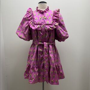 Ultramarine Floral Clusters Ruffled Mini Shirt Dress Puff Sleeves Orchid SZ L